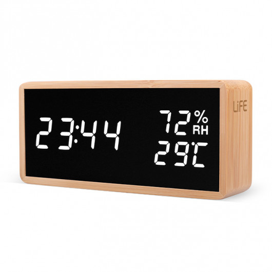 LIFE NOBLE BAMBOO THERMOMETER/HYGROMETER WITH CLOCK, ALARM AND LED DIGITS