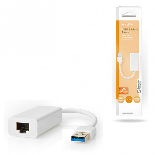 NEDIS CCGB61950WT02 Αντάπτορας δικτύου USB 30, USB A αρσ - RJ45 θηλ, με ενσωματωμένο καλώδιο 0,20m σε συσκευασία blis