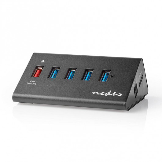 NEDIS UHUBUP3510BK USB 30 Hub 4 θυρών + 1 θύρα QC30 με τροφοδοτικό, σε μαύρο χρώμα