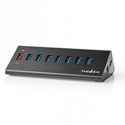 NEDIS UHUBUP3810BK USB 30 Hub 7 θυρών + 1 θύρα QC30 με τροφοδοτικό, σε μαύρο χρώμα