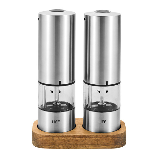LIFE ARTIMATASet of Rechargeable Salt & Pepper Electric grinders with wooden stand