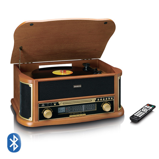 LENCO CLASSIC PHONO TCD-2551WDWooden retro turntable with Bluetooth, AM/FM radio, USB encoding, CD player, cassette player and built-in speakers.