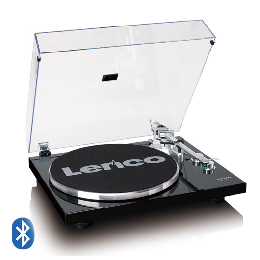 LENCO LBT-215BKRecord player with Bluetooth and a metal platter, tonearm, and counterweight in exclusive piano black finish.
