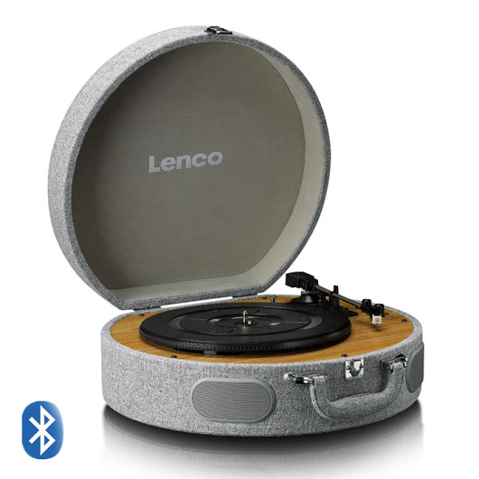 LENCO LS-66GYWooden retro record player with built-in speakers, Bluetooth and AT3600L cartridge in grey color.