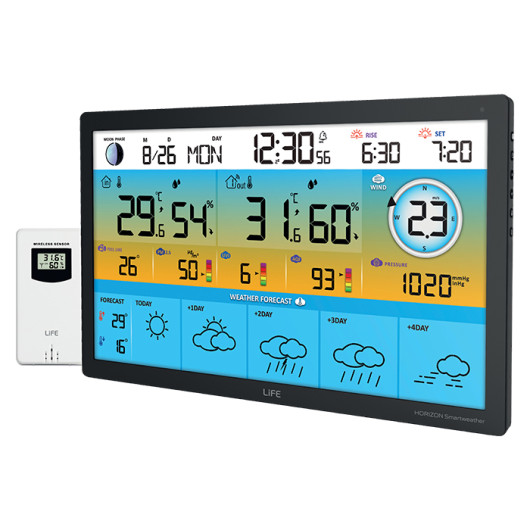 LIFE HORIZON Smartweather TUYAXL TUYA Smart Wi-Fi weather station with wireless outdoor sensor, 15.5" color LCD display, and 5-day weather forecast