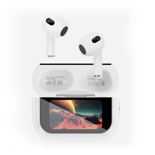 XO X47 4th GENERATIONBluetooth handsfree earbuds with wireless charging case and display, in white color