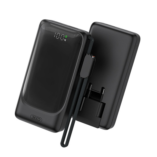 XO PR28210.000mAh Power Bank with 2 USB ports (1x USB-A, 1x USB-C), EU plug, and built-in USB type-C cable