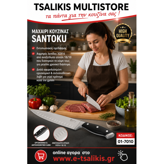 ESTIA ΜΑΧΑΙΡΙ SANTOKU BUTCHER ΑΝΟΞΕΙΔΩΤΟ 2.3mm ΜΕ ΛΕΠΙΔΑ 3CR14